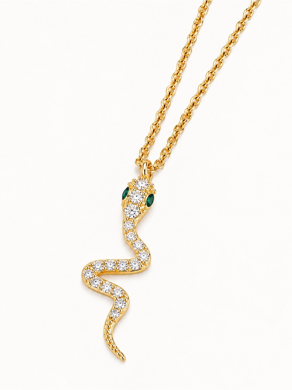 14K Gold Plated Real Zircon Snake Necklace Green Eye Pavé Serpent Pendant Jewelr